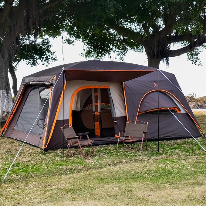 KTT Extra Large Tent 10-12-14 Person(B),Family Cabin Tents,2 Rooms,3 Doors and 3 Windows with Mesh,Straight Wall,Waterproof,Double Layer,Big Tent for Outdoor,Picnic,Camping,Family Gathering
