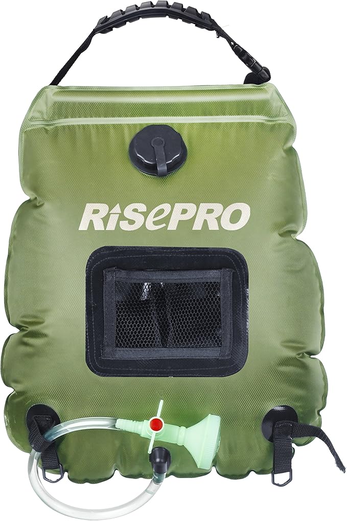Solar Shower Bag, RISEPRO 5 gallons/20L Solar Heating Premium Camping Shower Bag Hot Water with Temperature 45°C Removable Hose on/Off Switchable Shower Head Hiking Climbing Summer Shower K8