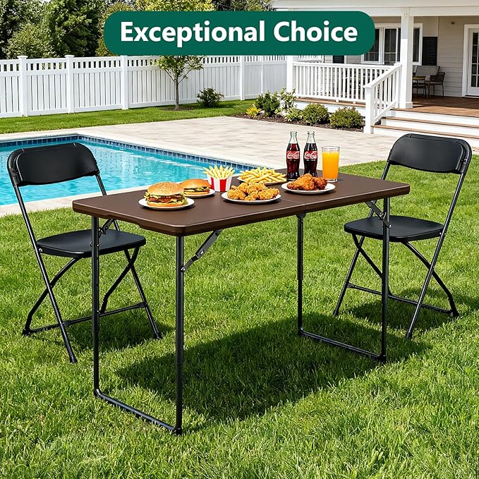 Folding Table, 4FT Foldable Picnic Table with Carrying Handle, Heavy Duty Fold-in-Half Portable Table for Weddings, Camping, RV Travel, Parties, BBQs, and Indoor Use, Easy to Fold and Store,Brown