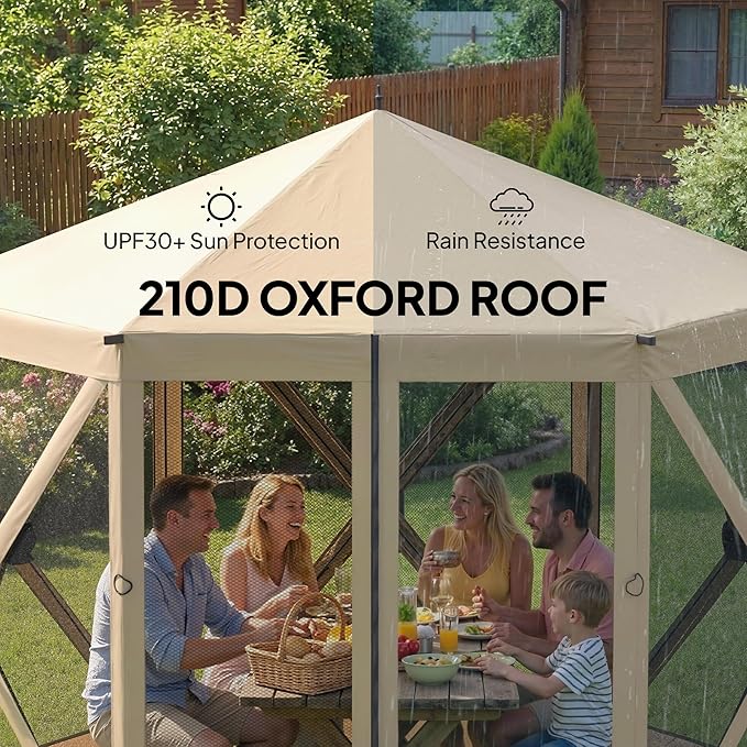 Outsunny 10 x 11 ft Pop Up Gazebo Screen Tent, Outdoor Portable Instant Camping Canopy Screen House Sun Shelter with Mesh Nettings, Carry Bag, Ground Stakes, Ropes for Patio, Backyard, Beige