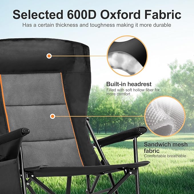 LET'S CAMP Oversized Camping Chairs 29.52" High Back Heavy Duty Lawn Chair Support 500LBS, Portable Collapsible Chair with Cup Holder, Side Pocket(Black)