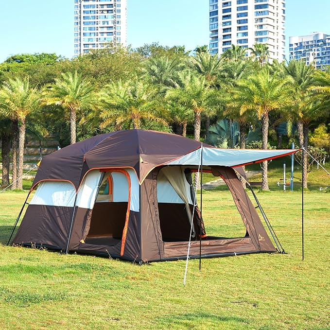 KTT Large Tent 8-10-12 Person,Family Cabin Tents,2 Rooms,2 Doors and 4 Windows with Mesh,Straight Wall,Waterproof,Double Layer,Big Tents for Outdoor,Picnic,Camping,Family Gathering