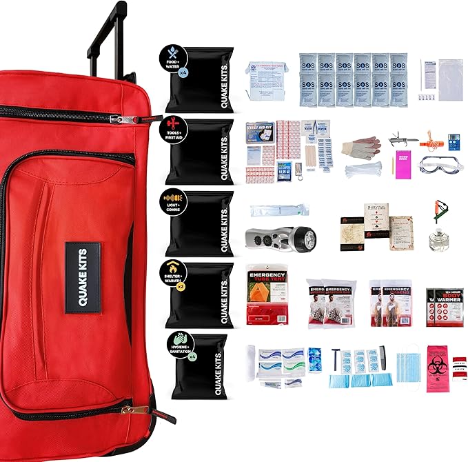 QK 5-Person, 7 Day Completely Prepared Survival Kit for Emergency Preparedness - 1 Week Go Bag Includes First Aid, Survival Tools, Food and Water. Emergency Kit for Earthquakes and Other Disasters.