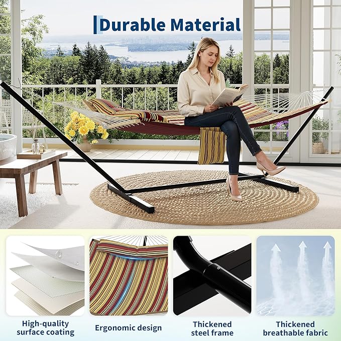 2 Person Double Hammock with Adjustable Steel Stand & Pillow, Heavy Duty Portable Outdoor Hammock Set, MAX 450 LBS Weight Capacity for Patio, Garden, Beach, Backyard