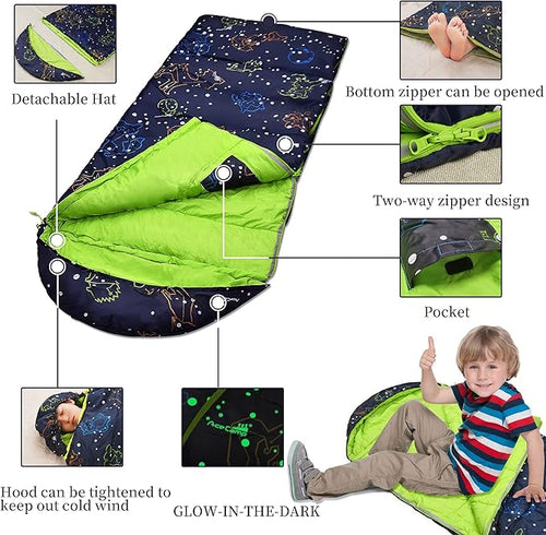 AceCamp Kids Sleeping Bag, Glow-in-The-Dark Sleeping Bag for Kids and Youth, Portable Water-Resistant Kids Sleeping Bag, Temp Rating 30F/ -1℃, for Camping, Hiking, Slumber Party