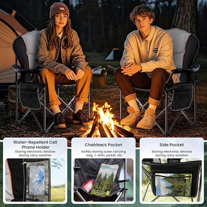 Oversized Camping Chair Heavy Duty- Portable Folding Chair, Cup Holder & Waterproof Phone Case for Adults, Beach, Hiking, Backyard (Black & Light Gray, 1 PCS)