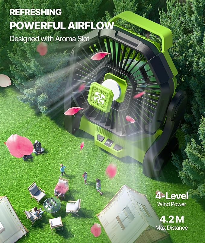 Battery Powered Fan -Lash Fans with Led Lantern, Portable Rechargeable, Battery Operated for Mobile Phone, Hook 4 Speed Quiet Personal for Desk Fan, Travel, Fishing, Power Outage, Hurricane-Green