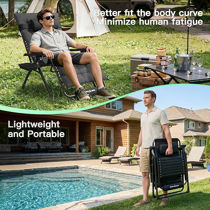 Amopatio Zero Gravity Chair with Removable Cushion & Tray, XL 29In Patio Folding Reclining Lounge Chair with Footrest & Headrest for Indoor and Outdoor, Support 500lbs, Grey&Black