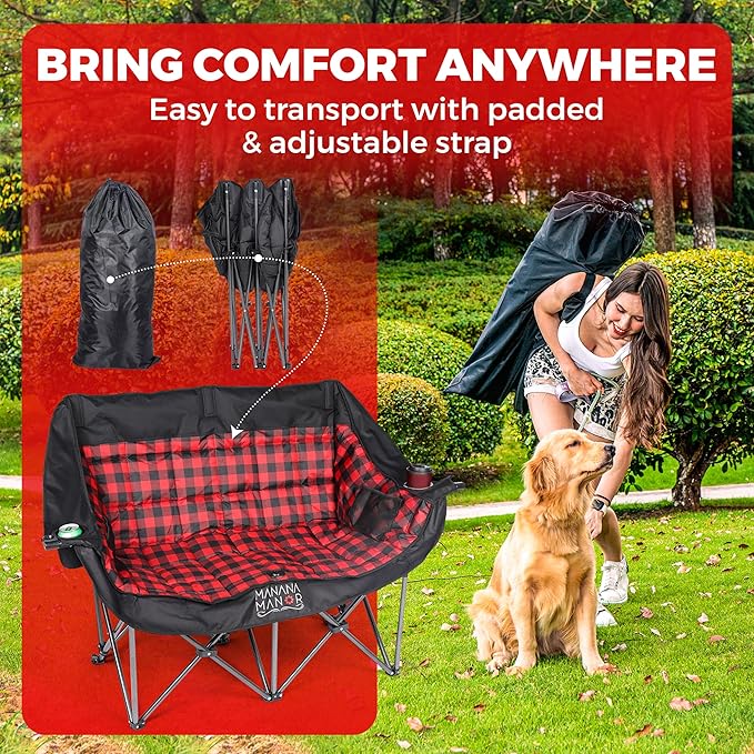 Double Camping Chair - Up to 650lbs - 2 Person Portable & Foldable Extra Padded Camping Couch - Cup Holder & Carry Bag Included - for Patio, Beach, Lawn, RV, Camping, Tailgate