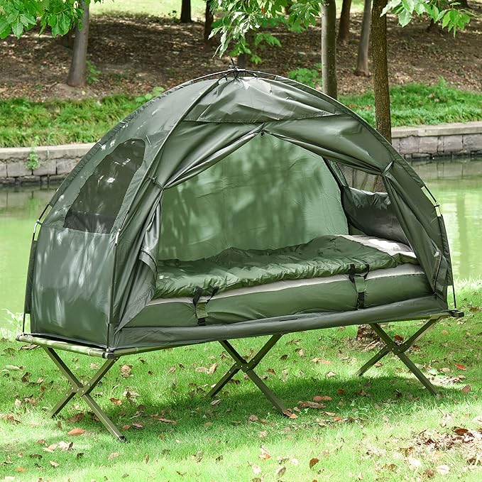 2 Person Foldable Camping Cot with Tent, Bedspread and Thick Air Mattress, 4-in-1 Elevated Camping Bed Tent for Outdoor Hiking, Picnic, Travel
