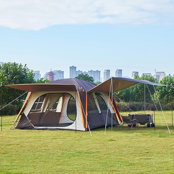 KTT Extra Large Tent 12 Person,Family Cabin Tents,Awning,2 Rooms,4 Doors and 4 Windows with Mesh,Straight Wall,Waterproof,Double Layer,Big Tent for Outdoor,Picnic,Camping,Family Gathering