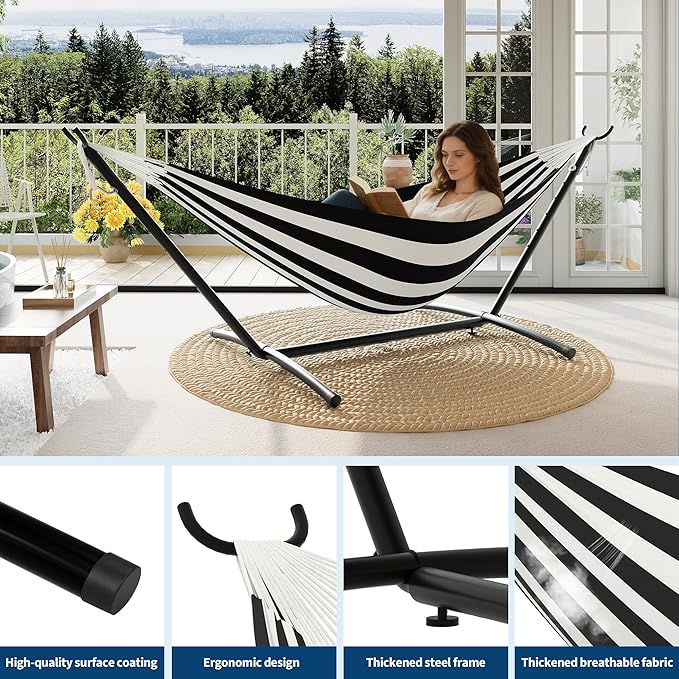 Double Hammocks with Stand for Outside, Portable Space Saving Heavy-Duty Steel Stand for Indoor Outdoor Patio with Carrying Bag, 450 lbs Capacity