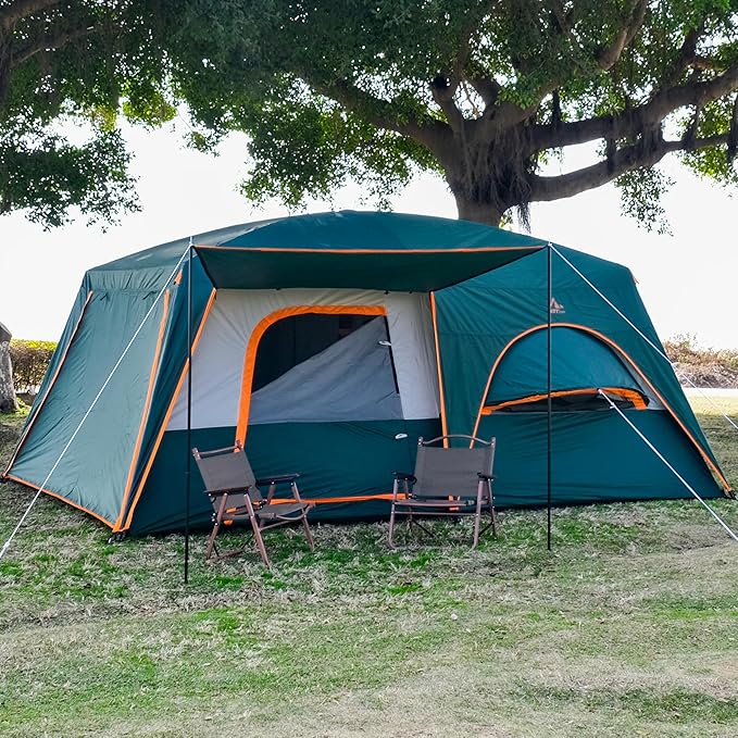 KTT Extra Large Tent 10-12-14 Person(B),Family Cabin Tents,2 Rooms,3 Doors and 3 Windows with Mesh,Straight Wall,Waterproof,Double Layer,Big Tent for Outdoor,Picnic,Camping,Family Gathering