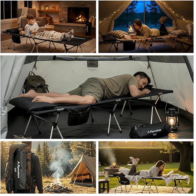 Camping Cot for Adults, Height Adjustable Sleeping Cot, Supports 300 lbs, Lightweight Compact Foldable for Backpacking, Hiking, Travel, Beach, Truck & Office Nap | Flyernature