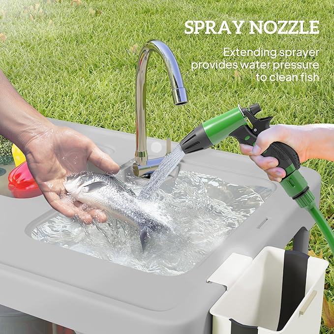 Outsunny Folding Fish Cleaning Table with Sinks, Portable Camping Sink Table, Gray