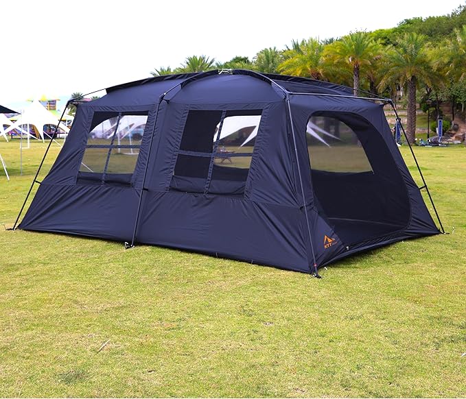 KTT Extra Large Tent 12 Person,Family Cabin Tents,Awning,2 Rooms,4 Doors and 4 Windows with Mesh,Straight Wall,Waterproof,Double Layer,Big Tent for Outdoor,Picnic,Camping,Family Gathering