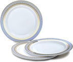 OCCASIONS 50pc Heavy Duty Disposable Plastic Plates Set for 25 Guests – 25 Dinner (10.5") & 25 Dessert (7.5") Plates – Elegant, Recyclable, BPA Free – Louvre Blue & Gold