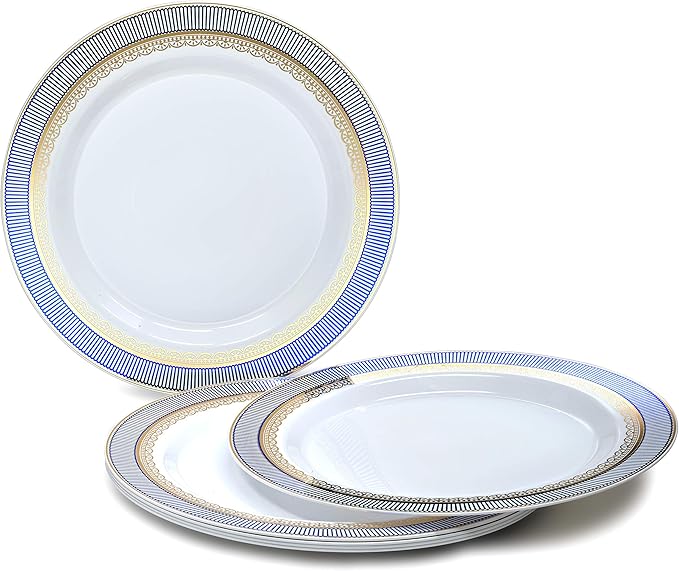 OCCASIONS 50pc Heavy Duty Disposable Plastic Plates Set for 25 Guests – 25 Dinner (10.5") & 25 Dessert (7.5") Plates – Elegant, Recyclable, BPA Free – Louvre Blue & Gold