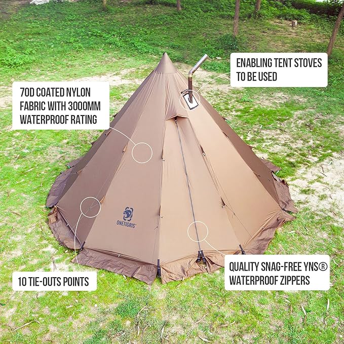 OneTigris Rock Fortress Hot Tent with Stove Jack, 4 Season, 4-6 Person Tipi for Camping, Backpacking, Hunting, Fishing - Waterproof, Wind-Proof
