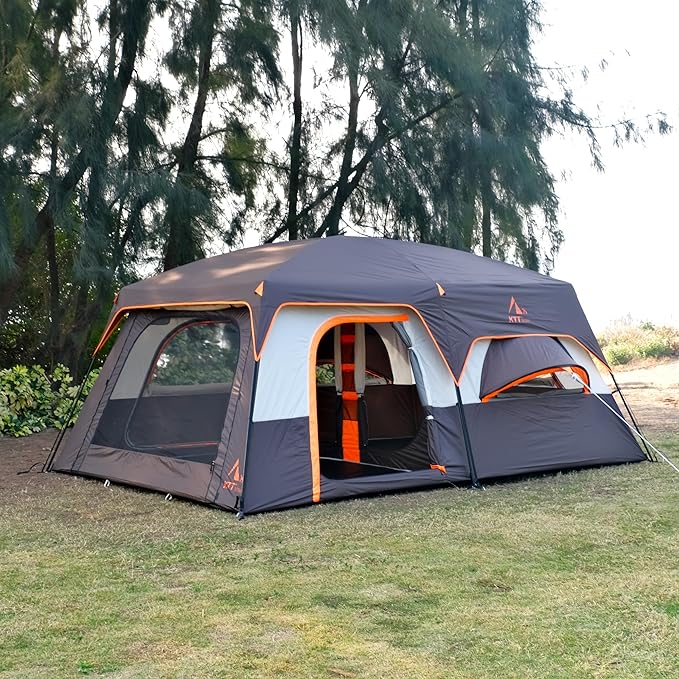 KTT Extra Large Tent 10-12-14 Person(Style-B),Family Cabin Tents,2 Rooms,3 Doors and 3 Windows with Mesh,Straight Wall,Waterproof,Double Layer,Big Tent for Outdoor,Picnic,Camping,Family Gathering
