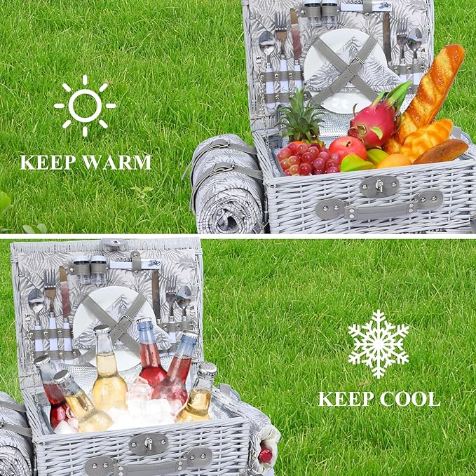 Picnic Basket for 2 with Blanket, Willow Picnic Basket Set with Shoulder Strap&Wine Pouch, Large Willow Hamper with Insulated Cooler for Outdoor, Camping, Beach, Couples, Wedding Gift