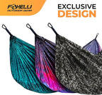 Foxelli Camping Hammock – Ultralight Hammock for Backpacking, Hiking, Festivals, Travel - Easy Setup with Tree-Friendly Ropes & Steel Carabiners, Heavy Duty Parachute Nylon