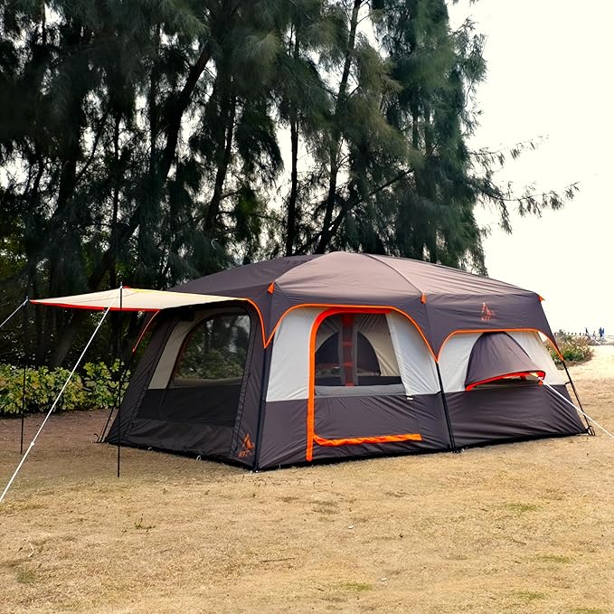 KTT Extra Large Tent 10-12-14 Person(A),Family Cabin Tents,2 Rooms,3 Doors and 3 Windows with Mesh,Straight Wall,Waterproof,Double Layer,Big Tent for Outdoor,Picnic,Camping,Family Gathering