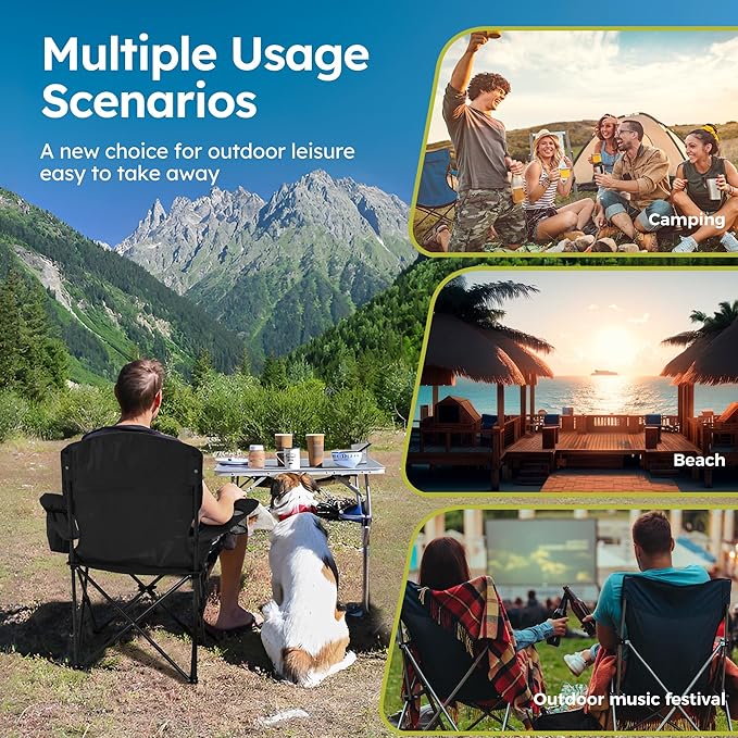 ALPHA CAMP Camping Chair 2 Pack Portable Chair with 3-Can Cooler Folding Chair with Side Pocket and Cup Holder, Collapsible for Camping, Tailgates, Beach, Fishing and Sports,2PC
