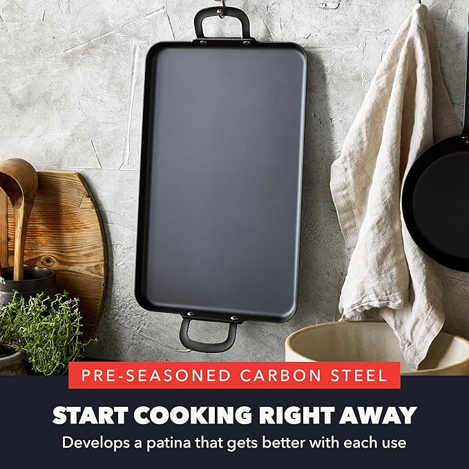 GreenPan x Bobby Flay 18" x 11" Carbon Steel Double Burner Pan, Pre-Seasoned Ready to Use, Induction Compatible, High Heat & Oven Safe Durable Cookware, Cast Iron Alternative