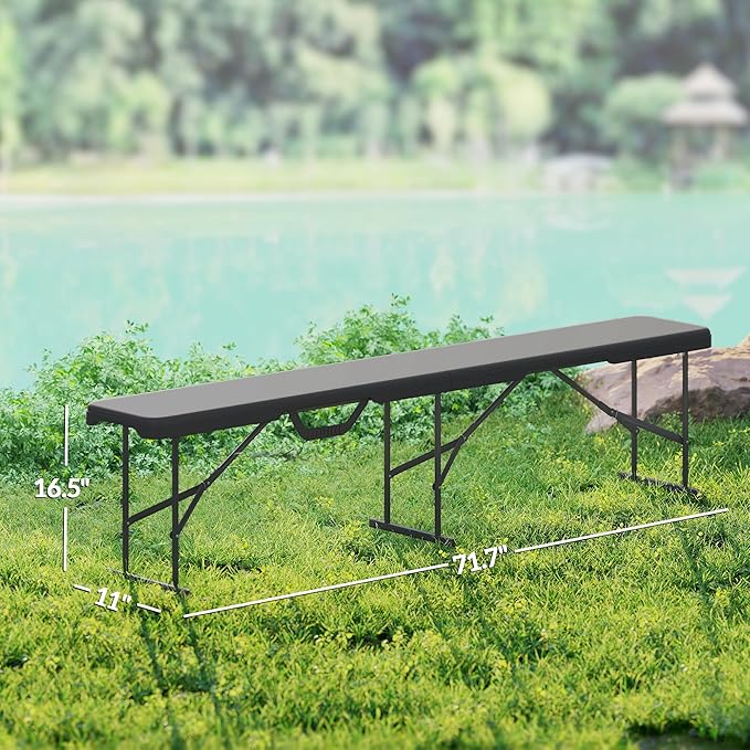 Outsunny 2-Pack 6 Ft. Plastic Folding Benches, Portable Foldable Bench Seats with Carrying Handle, Non-Slip Mat, HDPE Tabletop, Picnic Benches for Camping Dining Picnic BBQ Sports, Black