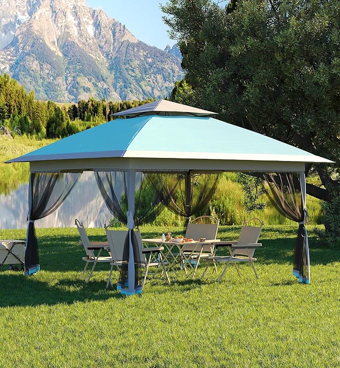 GarveeHome 13x13 Pop-Up Canopy Tent with Mosquito Netting, Heavy Duty Gazebo with Waterproof UV Double Roof, 169 Sq.Ft Shade, Instant Outdoor Shelter for Patio, Backyard, Garden, Light Blue