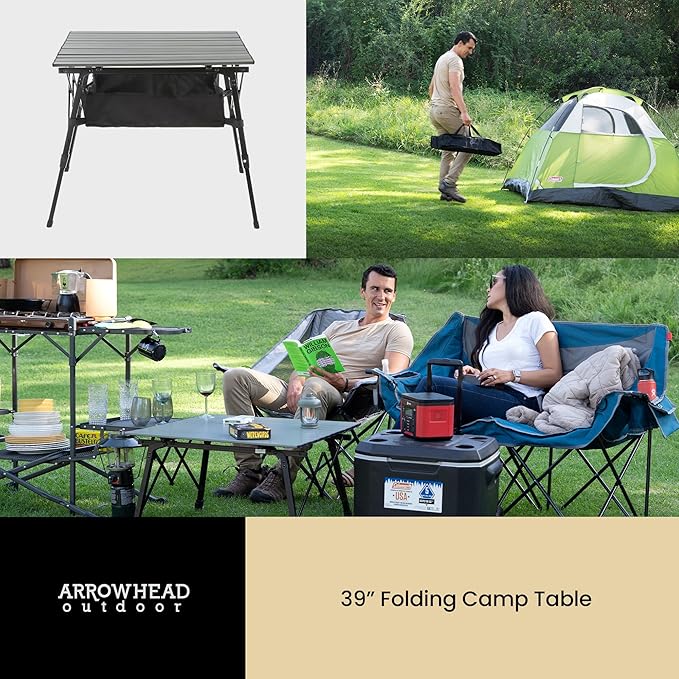 ARROWHEAD OUTDOOR 39" Aluminum Folding Camp Roll Up Table w/Adjustable Height, Undertable Mesh Storage, Carry Bag