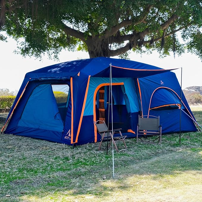KTT Extra Large Tent 10-12-14 Person(B),Family Cabin Tents,2 Rooms,3 Doors and 3 Windows with Mesh,Straight Wall,Waterproof,Double Layer,Big Tent for Outdoor,Picnic,Camping,Family Gathering