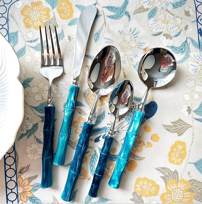 20 Piece Silverware Set Service for 4,Premium Bamboo Acrylic Handle Flatware Set Home Include Fork Knife Spoon Set Package for Christmas and Thanksgiving（Sapphire Blue）
