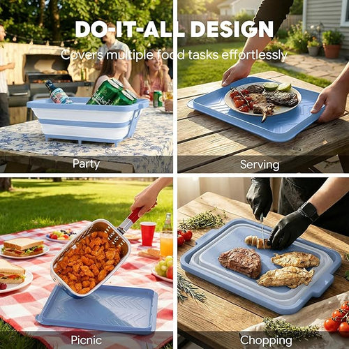 9-IN-1 Collapsible BBQ Prep Tub with Cutting Board, Portable Grill Prep Station with Side Brackets, Lids, Knives, Meat Claws and Drain Rack, Space-Saving for Kitchen, RV, Camping, Blue