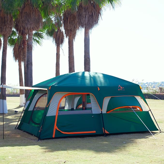KTT Extra Large Tent 10-12-14 Person(Style-B),Family Cabin Tents,2 Rooms,3 Doors and 3 Windows with Mesh,Straight Wall,Waterproof,Double Layer,Big Tent for Outdoor,Picnic,Camping,Family Gathering
