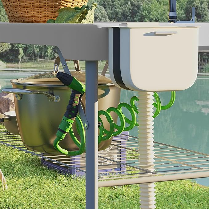 Outsunny Folding Fish Cleaning Table with Sinks, Portable Camping Sink Table, Gray