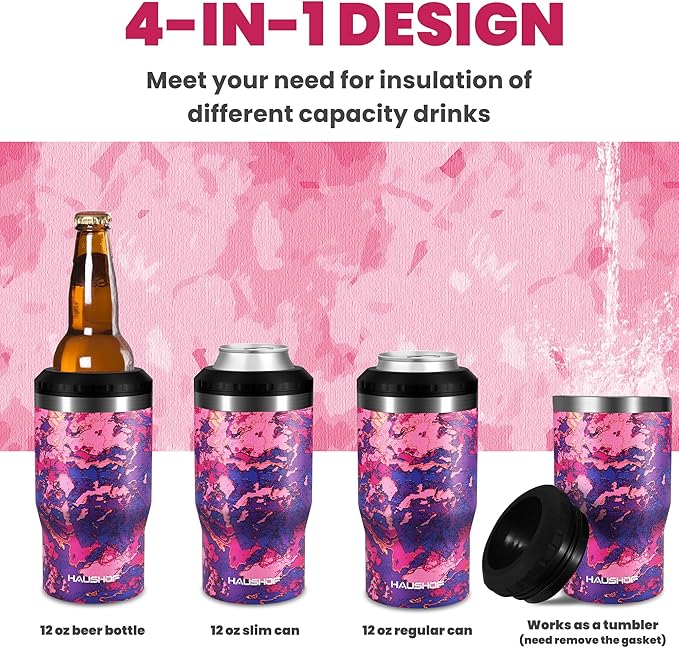 HAUSHOF Can Cooler, 12 oz Slim Can Cooler, 4 in 1 Insulated Beer Can Cooler, Fits for 12 oz Standard Can|12 oz Slim Can|12 oz Beer Bottle, Perfect for Camping, Beach, Picnic