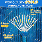 Reflective Paracord Rope 850Ib, 50/100/200/500/1000ft 4MM 11 Strand Strong Parachute Cord, Heavy Duty Paracord Rope for Tent Camping, Hiking, DIY Crafts Survival Bracelet, Blue 1000FT