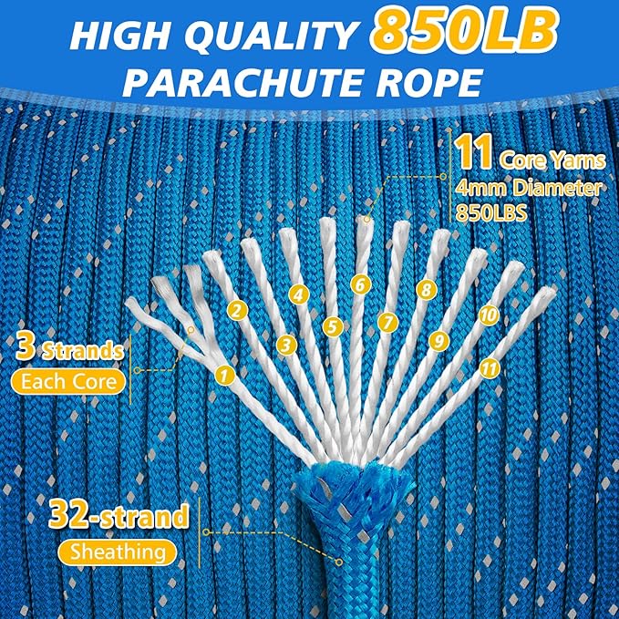 Reflective Paracord Rope 850Ib, 50/100/200/500/1000ft 4MM 11 Strand Strong Parachute Cord, Heavy Duty Paracord Rope for Tent Camping, Hiking, DIY Crafts Survival Bracelet, Blue 1000FT