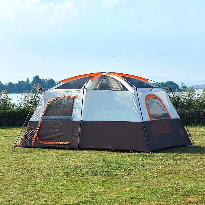 KTT Extra Large Tent 10-12-14 Person(Style-B),Family Cabin Tents,2 Rooms,3 Doors and 3 Windows with Mesh,Straight Wall,Waterproof,Double Layer,Big Tent for Outdoor,Picnic,Camping,Family Gathering