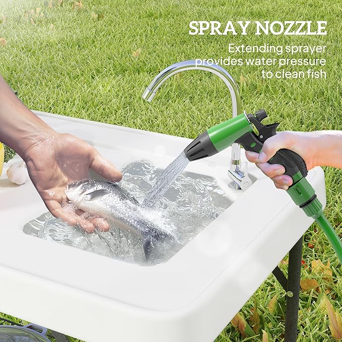 Outsunny Folding Fish Cleaning Table, Portable Camping Sink Station with Faucet, Drainage Hose, Sprayer, Grid Rack and Knife Groove, Outdoor Fillet Table for Picnic Beach Patio, White