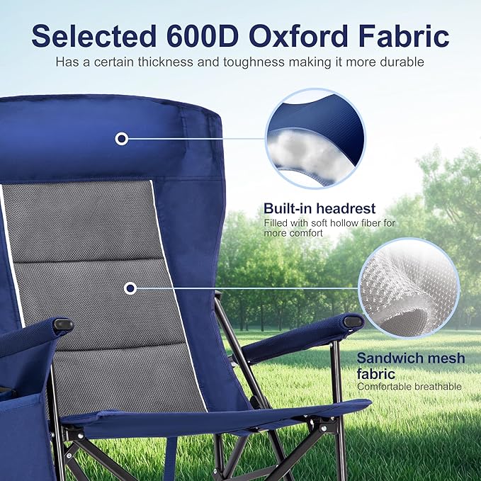 LET'S CAMP Oversized Camping Chairs 29.52" High Back Heavy Duty Lawn Chair Support 500LBS, Portable Collapsible Chair with Cup Holder, Side Pocket(Blue)