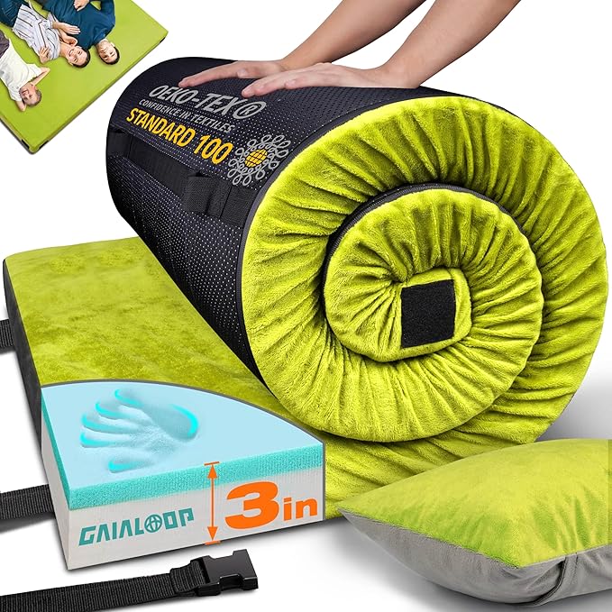 3 Inch Memory Foam Camping Mattress, Dual Layer Thick Sleeping Camp Pad for Car Tent Cot, Roll-Up Portable Glamping Floor Bed for Guests Sleepover