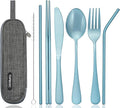 Portable Stainless Steel Flatware Set, Travel Camping Cutlery Set, Portable Utensil Travel Silverware Dinnerware Set with a Waterproof Case (Light Blue)