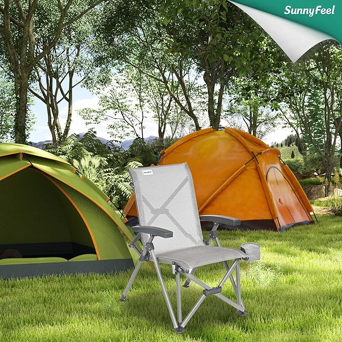 SUNNYFEEL Folding Camping Chair Heavy Duty Ergonomic Chairs Support 500lbs with Adjustable Breathable High Back Support and Cup Holder, Aluminum Frame for Fishing, Camp, Beach, Lawn, RV, Patio