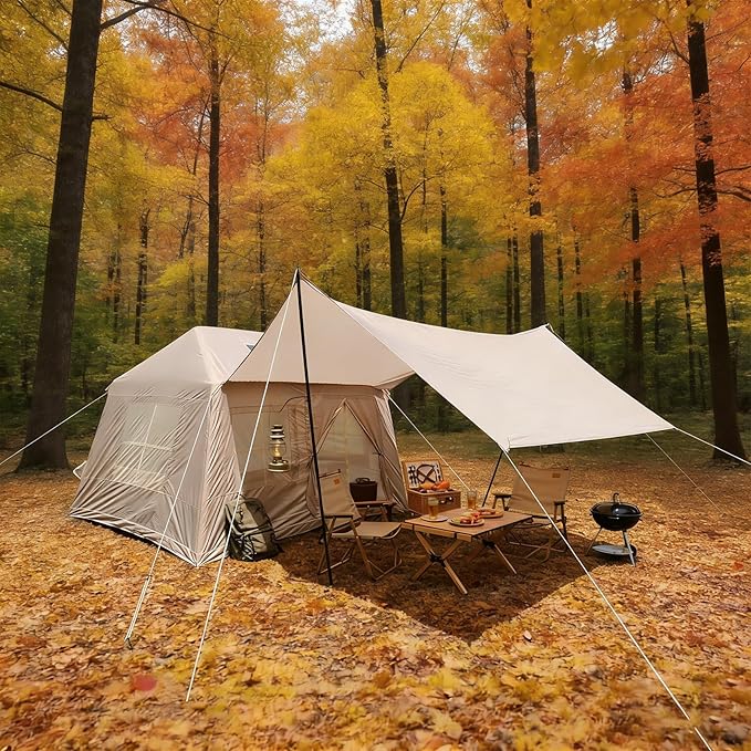 Inflatable Tent, 4-6 Person Luxury Camping Tents, Detachable Rainfly Sky-View Roof, Sturdy Oxford Fabric Cabin for Hiking, Quick Inflate Hot Thermal Outdoor House,Beige