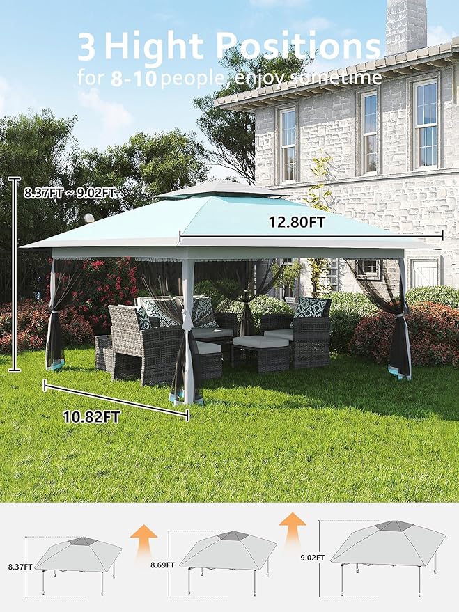 GarveeHome 13x13 Pop-Up Canopy Tent with Mosquito Netting, Heavy Duty Gazebo with Waterproof UV Double Roof, 169 Sq.Ft Shade, Instant Outdoor Shelter for Patio, Backyard, Garden, Light Blue