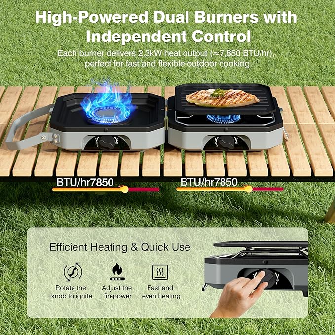 Camping Stove Portable Propane Camp Stove with Independently Adjustable Heat & 2 Burners, Foldable Gas Stove with Carry Bag for Outdoor Cooking,Tailgating & Backyard Gathering（Gray）