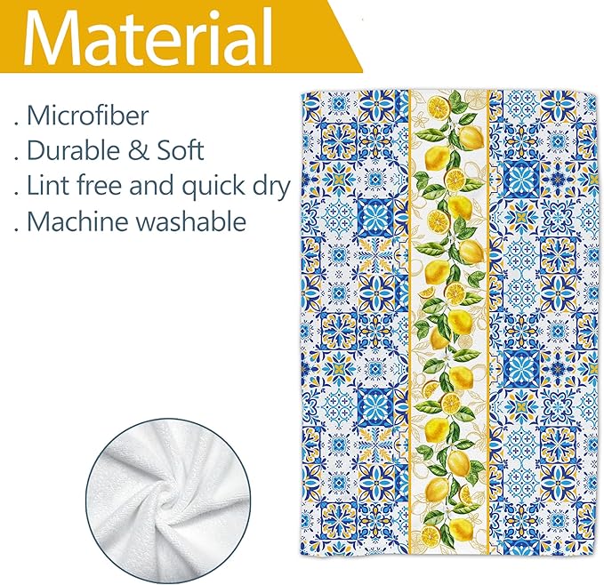 Lemon Kitchen Towels, Lemon Mediterranean Dish Towels Set of 2, Farmhouse Home Sweet Home Kitchen Decor, Summer Yellow Decorative Hand Tea Towels for Housewarming (18x26 Inches)